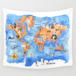 World Map of Animals Watercolor Wall Tapestry