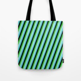 [ Thumbnail: Turquoise, Black, Lime Green, and Light Blue Colored Lines/Stripes Pattern Tote Bag ]