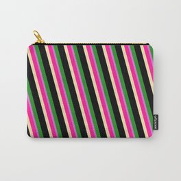 [ Thumbnail: Vibrant Deep Pink, Beige, Black, Forest Green, and Orchid Colored Lines Pattern Carry-All Pouch ]