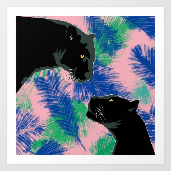 Panthers with palm leaves Art Print