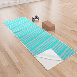 [ Thumbnail: Light Grey & Aqua Colored Stripes Pattern Yoga Towel ]