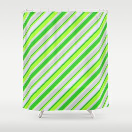 [ Thumbnail: Lime Green, Light Green, Lavender, and Light Gray Colored Lines/Stripes Pattern Shower Curtain ]