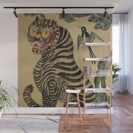 Striped Vintage Minhwa Tiger and Magpie Wall Mural
