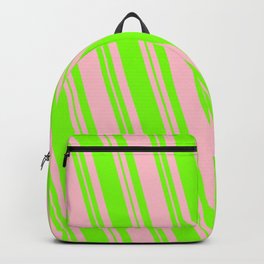 [ Thumbnail: Pink & Green Colored Lined/Striped Pattern Backpack ]