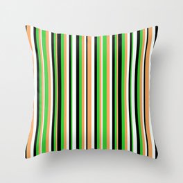 [ Thumbnail: Brown, Lime Green, Black & Mint Cream Colored Stripes Pattern Throw Pillow ]