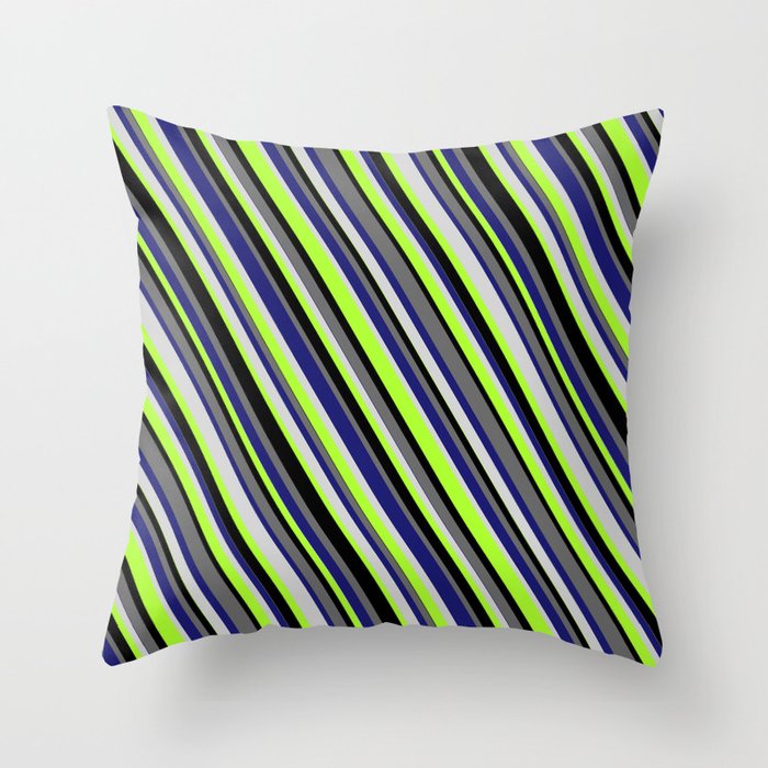 Colorful Midnight Blue, Light Gray, Light Green, Black, and Dim Grey Colored Stripes/Lines Pattern Throw Pillow