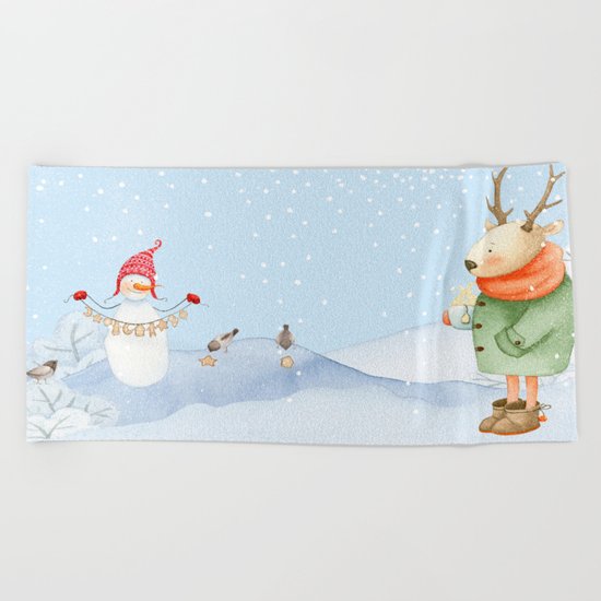 Merry christmas- Snowman Deer and birds are having Winter fun Beach Towel