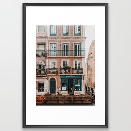 Café in the streets of Lisbon, Portugal | Street travel photography poster Framed Art Print