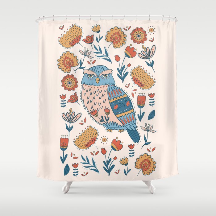 Folk Art Owl Shower Curtain