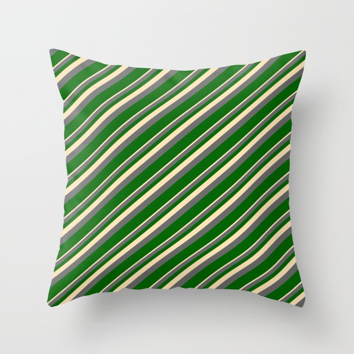 Beige, Dim Gray & Dark Green Colored Lined Pattern Throw Pillow