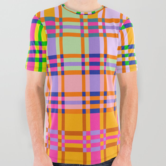 Multi colored gradation neon plaid pattern All Over Graphic Tee