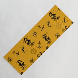Mustard And Black Silhouettes Of Vintage Nautical Pattern Yoga Mat