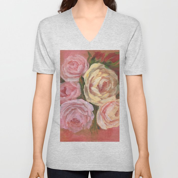 Pink and Yellow Rose Bouquet V Neck T Shirt
