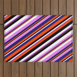 [ Thumbnail: Eyecatching Violet, Midnight Blue, Red, Black & White Colored Lines/Stripes Pattern Outdoor Rug ]
