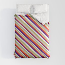 [ Thumbnail: Eye-catching Dark Khaki, Light Gray, Red, Indigo, and Mint Cream Colored Striped Pattern Comforter ]