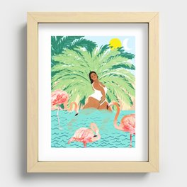 Tropical Summer Water Yoga with Palm & Flamingos | Woman of Color Black Woman Body Positivity Recessed Framed Print
