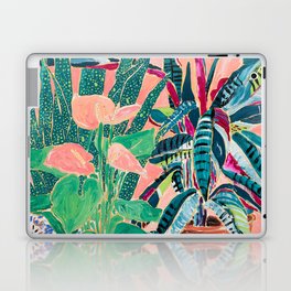 Jungle of House Plants Blush Still Life Painting with Blue Lion Figurine Laptop Skin