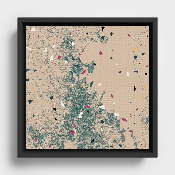Brisbane - Australia Map - Cloudy Terrazo Illustration Framed Canvas