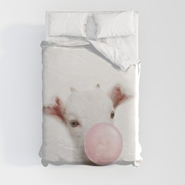 Baby Goat Blowing Bubble Gum, Pink Nursery, Baby Animals Art Print by Synplus Duvet Cover