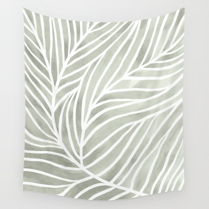 Sage green leaf line art Wall Tapestry
