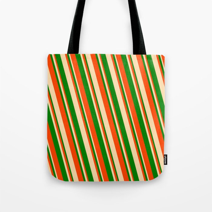 Red, Tan, and Green Colored Striped Pattern Tote Bag
