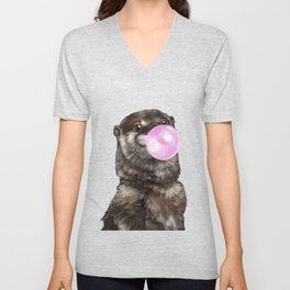Otter with Bubble Gum V Neck T Shirt