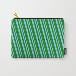 [ Thumbnail: Light Sky Blue & Green Colored Pattern of Stripes Carry-All Pouch ]