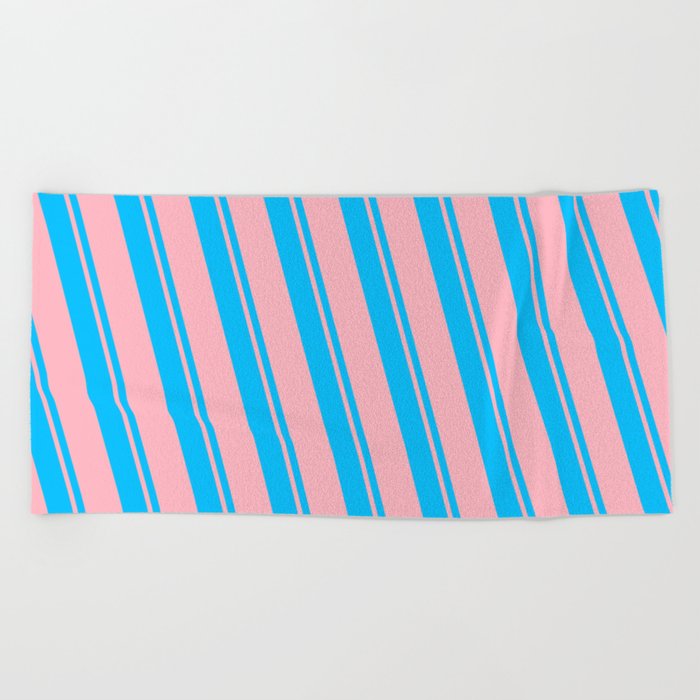Deep Sky Blue and Light Pink Colored Striped/Lined Pattern Beach Towel