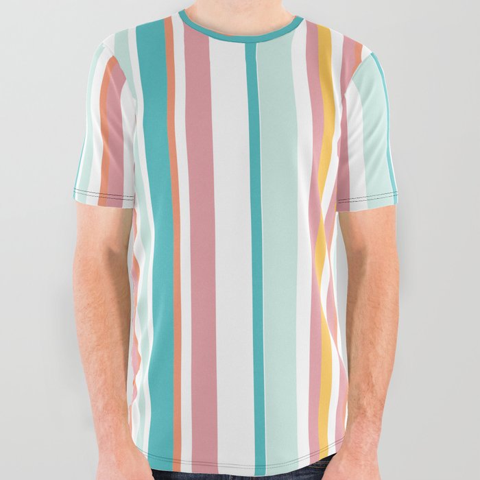 Summer orange pink teal stripes vibrant print All Over Graphic Tee