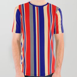 [ Thumbnail: Tan, Blue, Gray & Red Colored Lines/Stripes Pattern All Over Graphic Tee ]