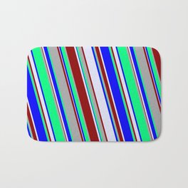[ Thumbnail: Green, Blue, Lavender, Dark Red, and Dark Gray Colored Stripes Pattern Bath Mat ]