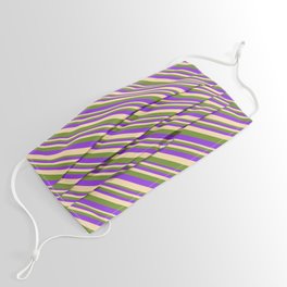 [ Thumbnail: Purple, Tan, and Green Colored Lines Pattern Face Mask ]