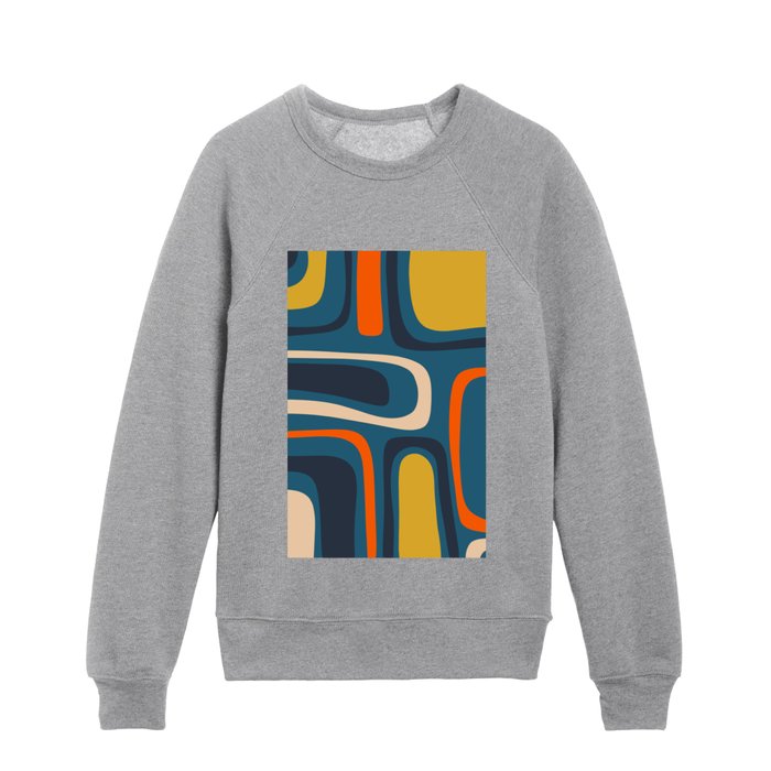 Palm Springs Retro Mid Century Modern Abstract Pattern Blue Orange Mustard Beige Kids Crewneck