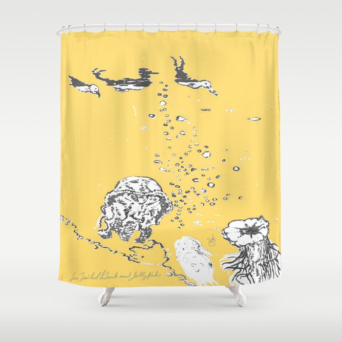 Two Tailed Duck And Jellyfish Pale Yellow Mellow Shower Curtain By