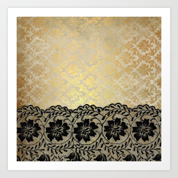 Black floral luxury lace on gold damask pattern Art Print