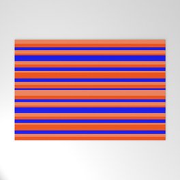 [ Thumbnail: Blue, Coral & Red Colored Striped Pattern Welcome Mat ]