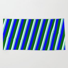[ Thumbnail: Colorful Sky Blue, Mint Cream, Aquamarine, Blue & Dark Green Colored Striped/Lined Pattern Beach Towel ]