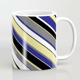 [ Thumbnail: Eye-catching Tan, Dim Gray, Midnight Blue, White, and Black Colored Pattern of Stripes Coffee Mug ]