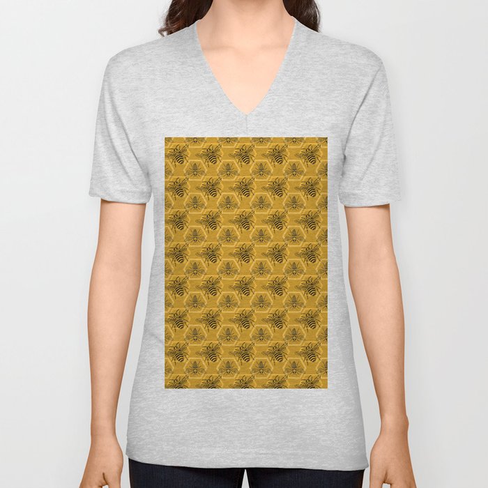 Honey Bees on a Hive of Hexagons V Neck T Shirt
