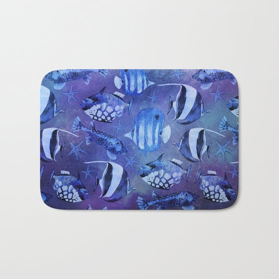 Watercolor fish pattern dark blue Bath Mat
