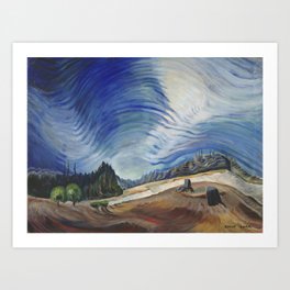 Windblown skies above the forest and gravel pit alpine landscape painting by Emily Carr for home, wall, and bedroom decor Art Print