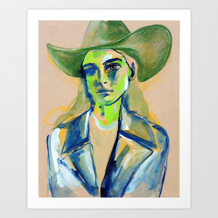 Cowgirl in green hat Art Print