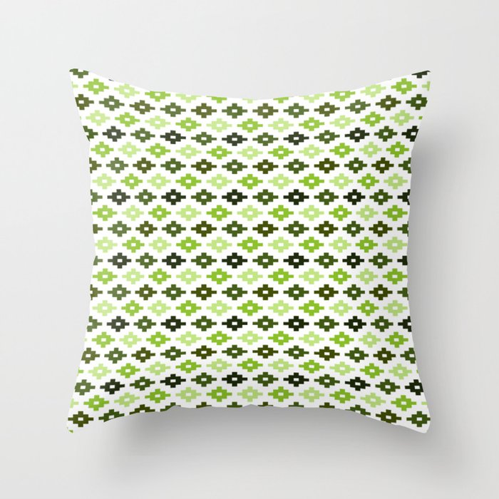 Geometric Flower Cross Stitch Appearance - Sage Olive Green On White Throw Pillow