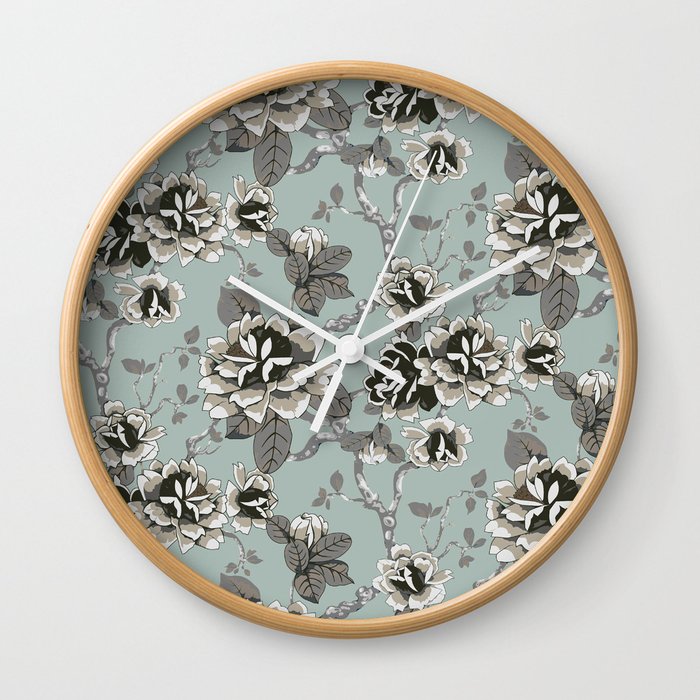Spring Flowers Pattern Brown on Mint Pastel Blue Wall Clock