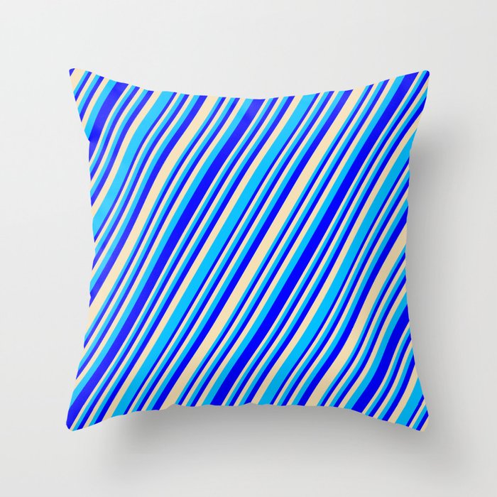 Blue, Tan, and Deep Sky Blue Colored Lined/Striped Pattern Throw Pillow