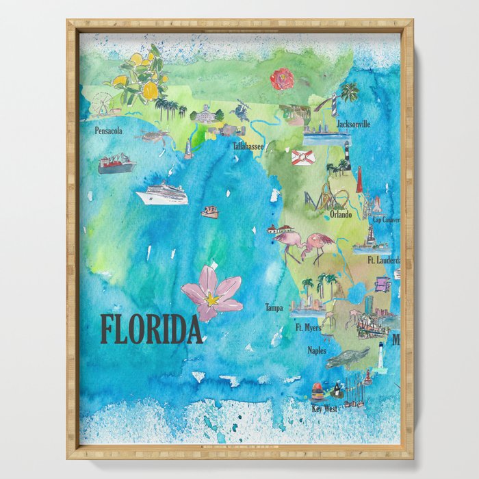 USA Florida State Fine Art Print Retro Vintage Map with Touristic Highlights Serving Tray