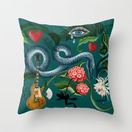 Snake, music, teal, frog, tears, heart, love, funky art Throw Pillow