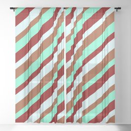 [ Thumbnail: Sienna, Aquamarine, Dark Red, and Light Cyan Colored Striped/Lined Pattern Sheer Curtain ]