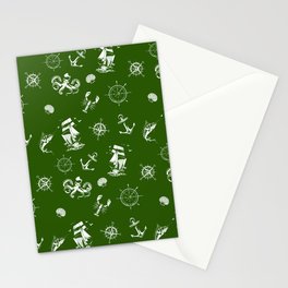 Green And White Silhouettes Of Vintage Nautical Pattern Stationery Card