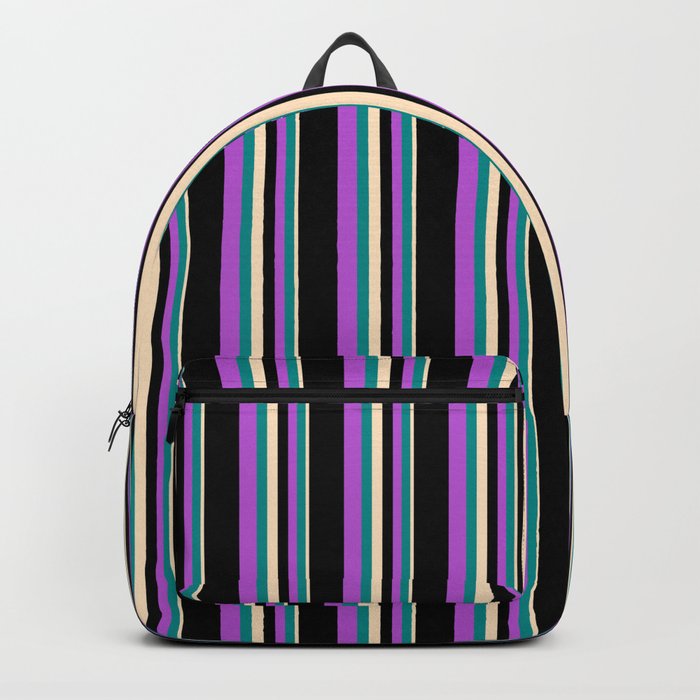 Bisque, Dark Cyan, Orchid & Black Colored Lined Pattern Backpack